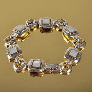 Monet Silver Gold Two-Tone White Moonstone Chain Link Bracelet 7.5"
